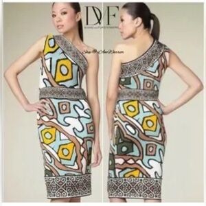 Diane Von Furstenberg One-Shoulder Geometric Print Dress Brown White, Turquoise